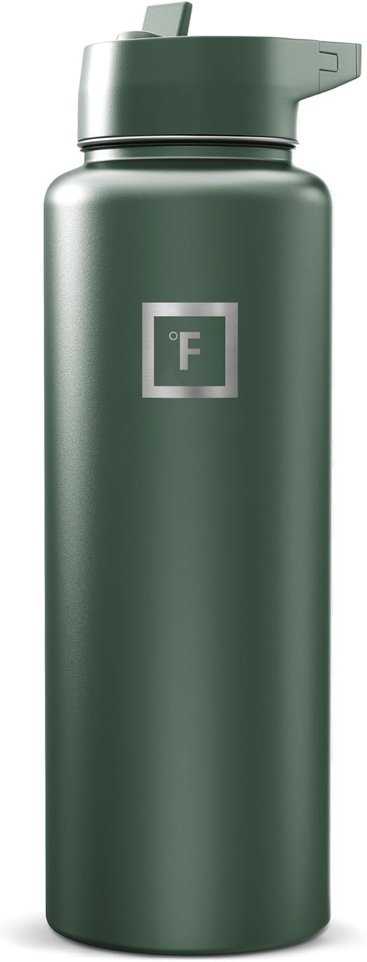 IRON °FLASK Camping & Hiking Hydration Flask with Straw, Wide Mouth Insulated Stainless Steel Sports Water Bottle - Dark Pine 40 oz - Straw (1 Lid)