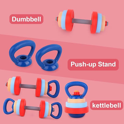 Kids Exercise Equipment With 2 Dumbbells and Kettlebell - Adjustable Workout Toy Equipment for Children Pretend Play Exercise - Toddler Beginner Gym & Fitness Family Games for Birthday Gifts