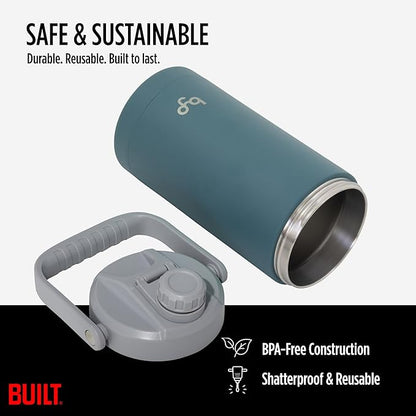Built Byo 64 Oz Stainless Steel Insulated Bottle with Chug Lid (Teal) - BPA-Free, Leakproof, Double Wall, Sweat-Proof Handle - Reusable Water Bottle for Fitness, Wellness, Daily Hydration
