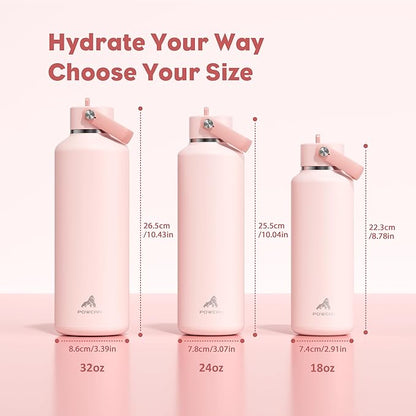 POWCAN 32 oz Insulated Water Bottle: Leakproof, Lid with Flip Straw, Cold for 24H, BPA-Free, Metal Water Bottle with Handle for Travel, Gym, Fitness, Hiking, Birthday Gift for Women (Cotton Candy)