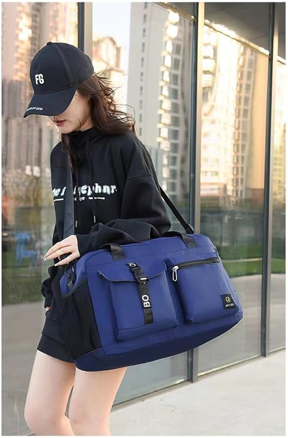New men's and women's splash proof sports hand travel fitness shopping weekend camping overnight bags. (Navy blue)