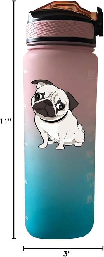 Pug Dog 32 oz Water Bottle with Times Marker to Drink and Straw, Carrying Strap, Leakproof BPA-Free, Ensure You Drink Enough Water for Fitness, Gym, Camping, Outdoor Sports