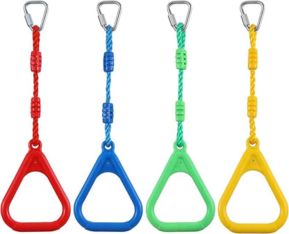 PELLOR 4 Colorful Ninja Rings, Gymnastic Rings Trapeze Swing Bar Ring with Triangle Handle for Home Gym Playground Ninja Warrior Obstacle Course Training Workout