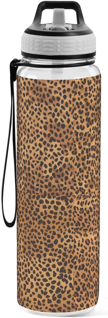 ALAZA Brown Leopard Print Hipster Sports Water Bottle with Straw Tritan Drink Bottle 32 oz BPA Free Reusable for Travel Outdoor Fitness