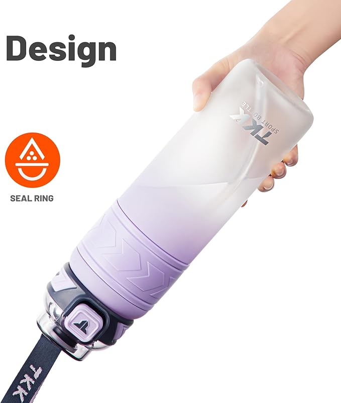 TKK Sports Water Bottles with Removable Straw 34 oz Leak-proof Flip Top Lid BPA Free Tritan Bottles with Strap for School, Fitness, Gym, Outdoor, Purple-White