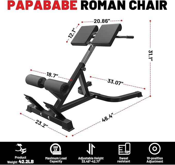 PAPABABE Roman Chair Back Extension Bench Machine, Hyperextension Bench with Durable High-Density Foam, Multi-Functional Bench for Full All-in-One Body Workout