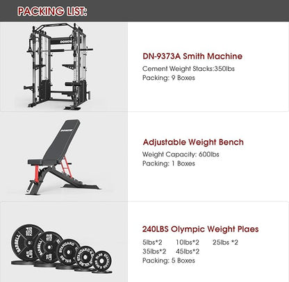 DONOW Smith Machine with Weight Stacks, Heavy Duty Home Gym System Power Cage Cable Crossover Machine Multi-Functional Trainer Ratio 1:1