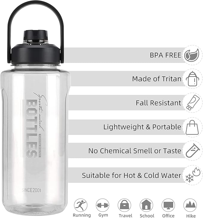 Half Gallon/64oz Water Bottle With Handle, Leak proof with removable strainer, BPA Free Fitness 2L Sports Water Jug, ensure You Drink Enough Water Daily for Gym and Outdoor Sports(Grey)