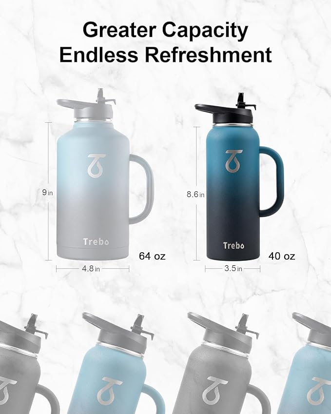 Trebo 40oz Water Bottle Insulated with Handle, Stainless Steel Metal Large Jug,Travel Flask with Straw Spout Lid,Mug Tumbler Cup,Keep Cold Hot, Indigo Black
