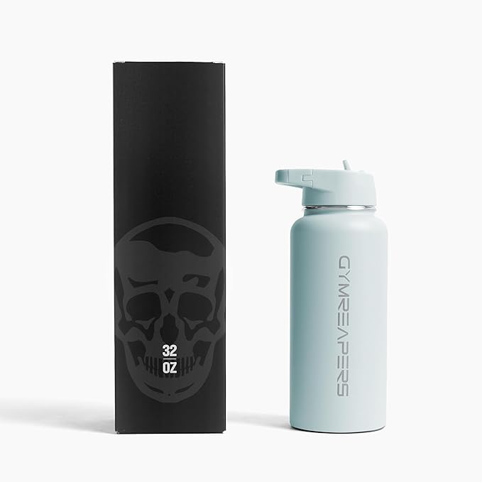 Gymreapers Insulated Water Bottle - Stainless Steel 32 Oz, 3 lids (Straw, Chug, Canteen), Double Walled Vacuum Insulation, Thermo Mug Cold Hot - Durable Powder Coated Finish