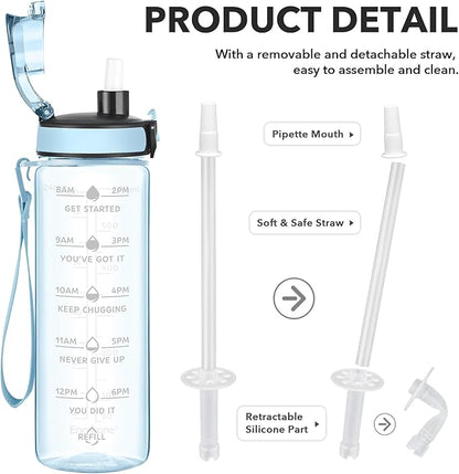 Enerbone Water Bottle, Leakproof BPA & Toxic Free, Motivational Water Bottle with Times to Drink and Straw, Fitness Sports Water Bottle with Strap for Office, Gym, Outdoor Sports
