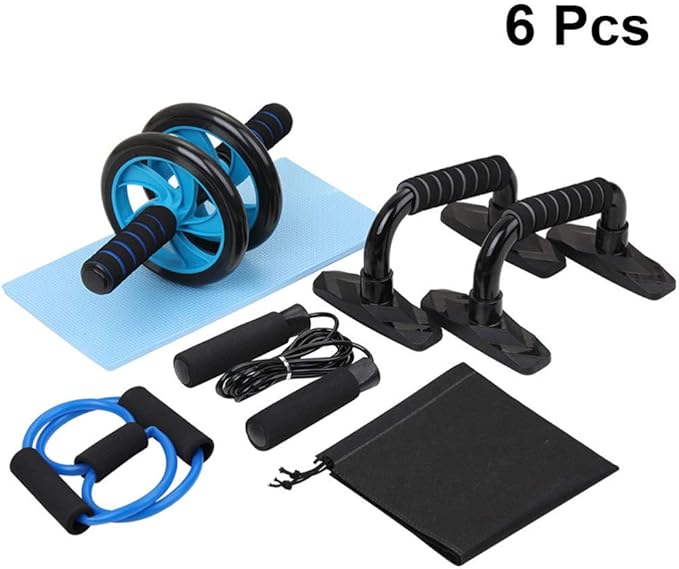 6pcs Home Gym Equipment Kit Ab Roller Wheel Push Up Bars Jump Rope Pull Band Knee Pad with Storage Bag for Househeld Indoor Fitness Exercise Workout