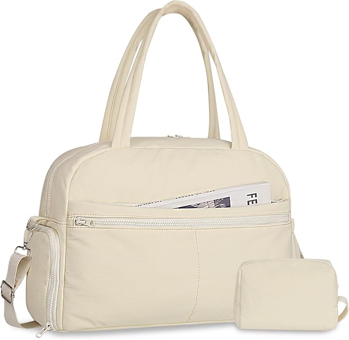 Sports Gym Bag for Women, Lightweight Travel Duffle Bags with Shoe Compartment & Wet Pocket, Weekender Overnight Bag Fitness Workout Bag with Toiletry Bag (Beige)