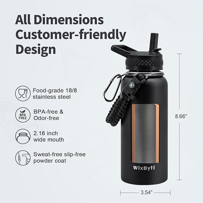 32 oz Insulated Water Bottle with Straw, Stainless Steel Triple Wall Vacuum Sports Water Jug, Leakproof Hydro Cup Flask with Paracord Handle & Straw Spout Lids & DIY Stickers