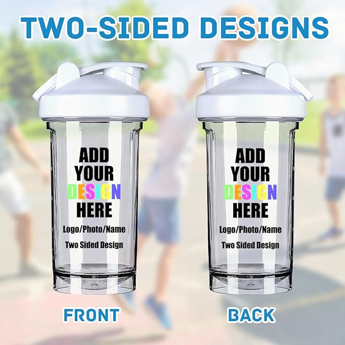 Custom Plastic Shaker Bottles with Handle, Personalized Fitness Shaker Bottles with Your Own Design/Logo/Name, Sports Water Bottle Leak Proof Cup for Protein Mixes, White