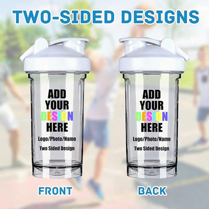 Custom Plastic Shaker Bottles with Handle, Personalized Fitness Shaker Bottles with Your Own Design/Logo/Name, Sports Water Bottle Leak Proof Cup for Protein Mixes, White