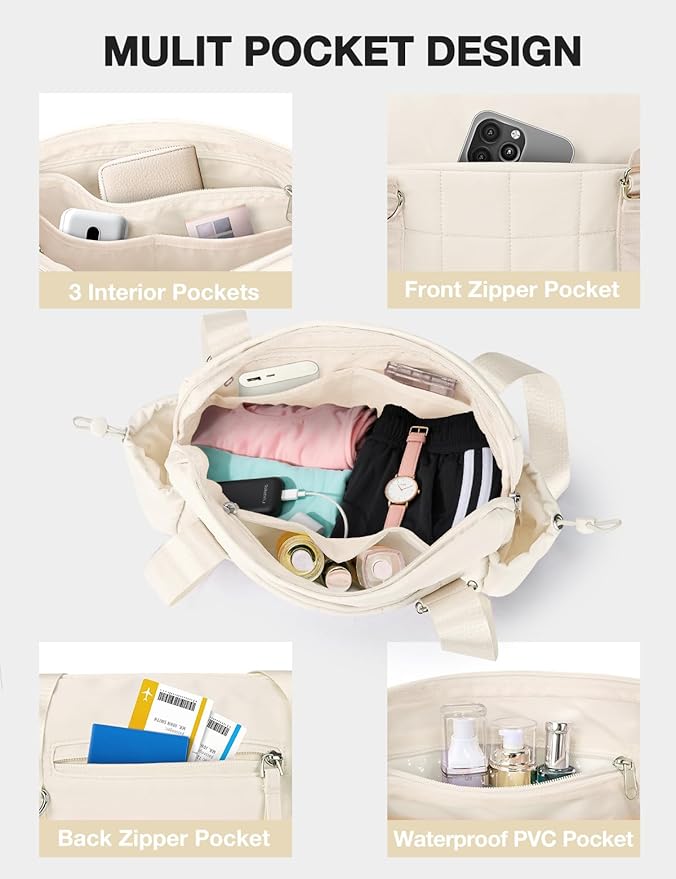 VUUDH Mini Gym Bag for Women Puffy Bag, Small Gym Bag with Coin Wallet, Lightweight Gym Tote Bag for Fitness, Work, Travel, Daily Commute,Beige