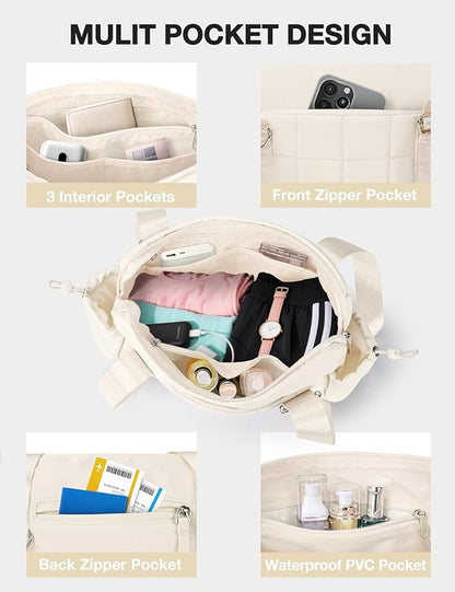 VUUDH Mini Gym Bag for Women Puffy Bag, Small Gym Bag with Coin Wallet, Lightweight Gym Tote Bag for Fitness, Work, Travel, Daily Commute,Beige