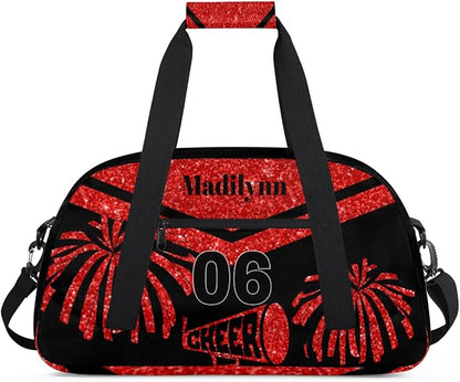 Personalized Girls Gym Cheerleading Bag Sport Duffle Bag, Custom Name Carry On Weekender Bag Travel Vocation Business Trip, Red Glittering Cheerleader Pom Poms