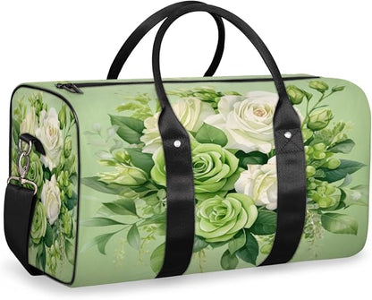 Travel Duffel Bag Flower Floral Green Sport Tote Gym Bag Waterproof Foldable Carryon Weekend Overnight Training Handbag Sports Duffle Bags for Women Men Boys Girls