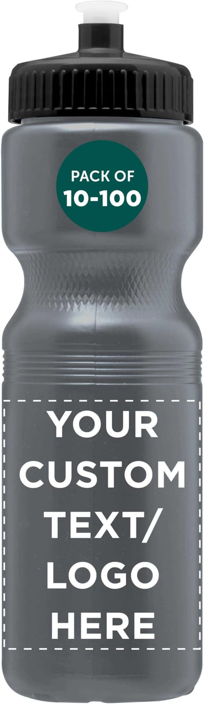 DISCOUNT PROMOS 28 oz. Custom Push Cap Plastic Water Bottles Set of 10/50/100, Personalized Bulk Pack - Perfect for Gym, Hiking, Camping, Outdoor Sports - Silver