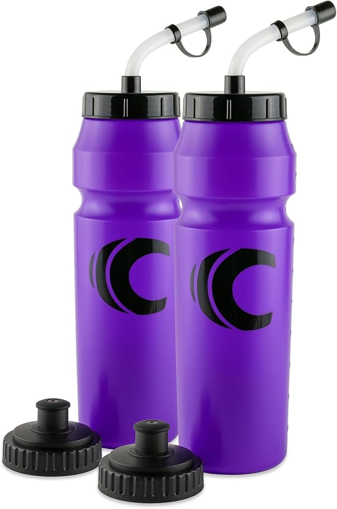 Cannon Sports 1 Liter Sports Water Bottle, BPA-Free, 34 Oz Capacity, Large Mouth, 2 lids (Straw and Squeeze), Great For Helmet Sports Such As Hockey, Lacrosse, Football, Boxing (2 Pack) (Purple)