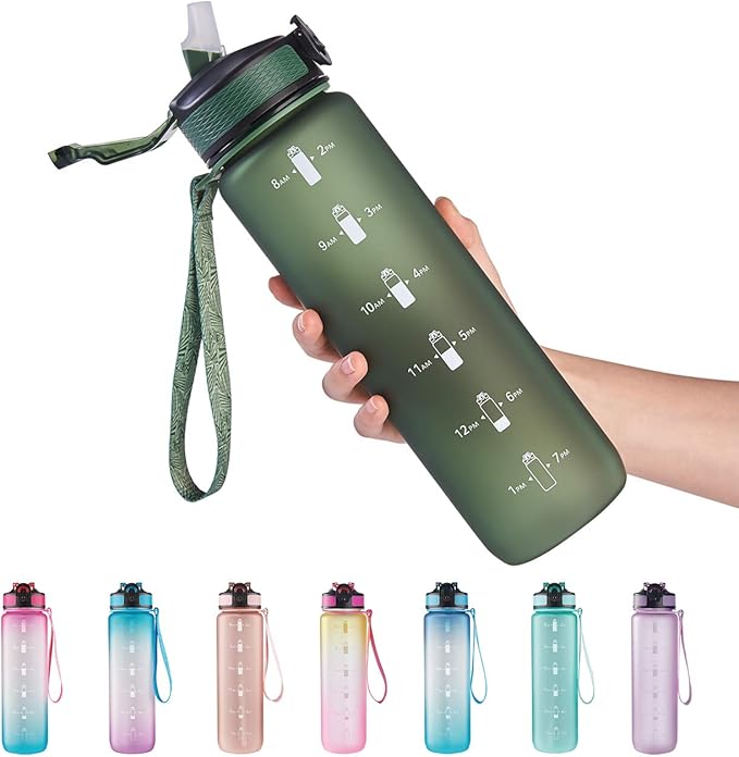 EYQ 32 oz Water Bottle with Time Marker, Carry Strap, Leak-Proof Tritan BPA-Free, Ensure You Drink Enough Water for Fitness, Gym, Camping, Outdoor Sports