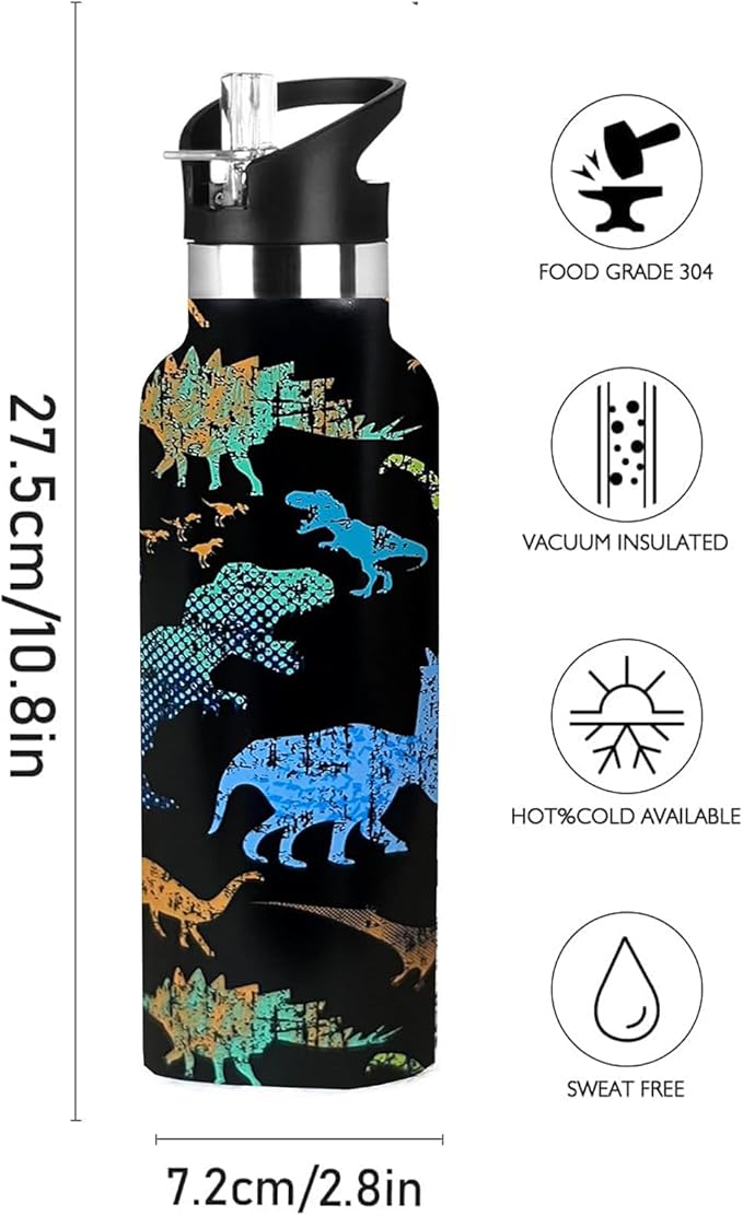 Dinosaur Sport Water Bottle with Straw, Vacuum Insulated Stainless Steel Thermal Drinking Travel Mug Cups For Gym Fitness Camping-20oz/600ml