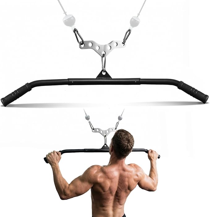 J Bryant LAT Pulldown Bar with Double to Single Cable Adapter Plate, 39" Detachable LAT Bar with 3 Carabiners for Home Gym Cable Machine, Pulley System Attachment for Back, Tricep & Row Training