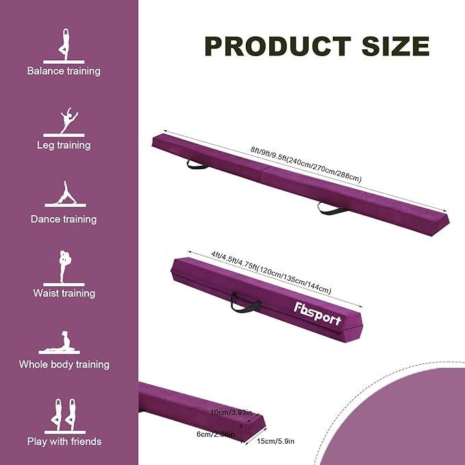 FBSPORT 8ft/9ft/9.5ft Balance Beam Folding Gymnastics Beam Foam Balance Floor Beam Equipment for Kids Adults, Suede Cover Anti Slip Base with Carry Bag for Home School Gym Training