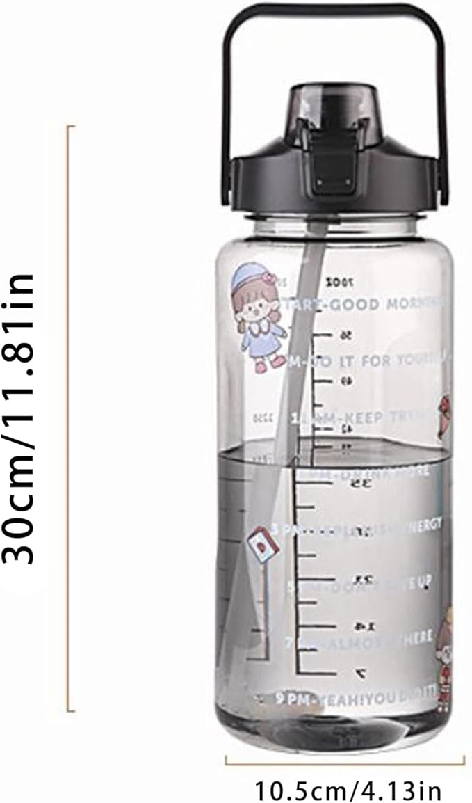 Sports Water Bottle with Straw, 2000ML Large Capacity Plastic Water Cup with Time Water Bottle Portable Strap Transparent Drinking Water Bottle with Times Scale for Gym Outdoor Fitness(Black)