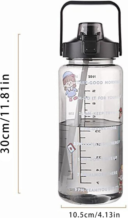 Sports Water Bottle with Straw, 2000ML Large Capacity Plastic Water Cup with Time Water Bottle Portable Strap Transparent Drinking Water Bottle with Times Scale for Gym Outdoor Fitness(Black)