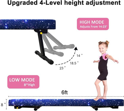 6ft Ultrasimple Adjustable&Foldable Balance Beam,High-Low Floor Beam Suede Gymnastics Equipment,No Tool Require, Gymnastics Beam for Training&Professional HomeTraining