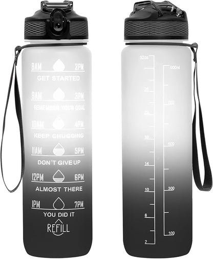 32 oz Water Bottles with Times to Drink and Straw, Motivational Water Bottle with Time Marker, Leakproof & BPA Free, Drinking Sports Water Bottle WIth Hand Strap for Fitness, Gym & Outdoor (white)