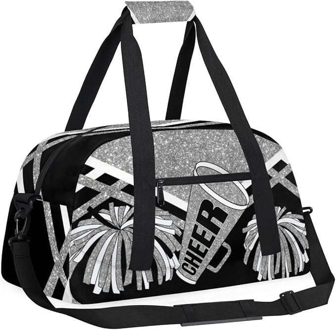 Cheerleading Dance Bag Girls, Sports Bag Gym Sport Duffel Bag Weekender Cheerleaders Bags Travel Dancing Lightweight Bag, Silver Black Glitters Print Effect