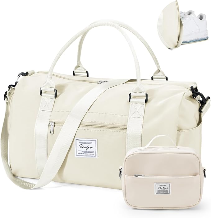 Gym Bag for Women Men with Shoes Compartment & toiletry bag,Sport Swimming Yoga Bag,Waterproof Travel Duffel Bag Small Carry on Bag Overnight Weekender Bags Personal Item Bag for Airlines Cream White