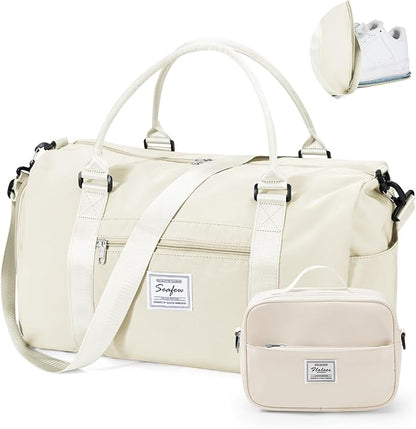 Gym Bag for Women Men with Shoes Compartment & toiletry bag,Sport Swimming Yoga Bag,Waterproof Travel Duffel Bag Small Carry on Bag Overnight Weekender Bags Personal Item Bag for Airlines Cream White