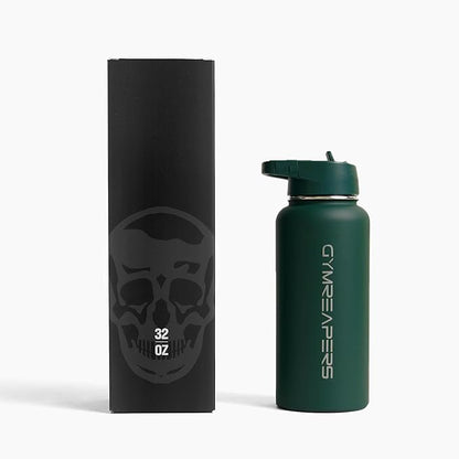 Gymreapers Insulated Water Bottle - Stainless Steel 32 Oz, 3 lids (Straw, Chug, Canteen), Double Walled Vacuum Insulation, Thermo Mug Cold Hot - Durable Powder Coated Finish