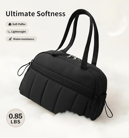 Travel Duffle Gym Bag for Women, Lightweight Puffer Carry on Weekender Bags with Wet Pocket Tote Yoga Workout Bag (Black)