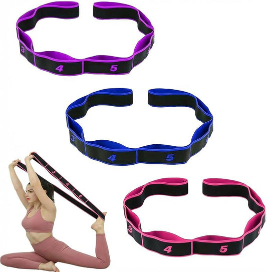 3 Pack Yoga Stretch Strap with Loops, Numbered Resistance Bands for Flexibility, 8-Section Elastic Exercise Bands for Pilates, Dance, Gymnastics & Warm Up (Blue, Purple, Rose Red)