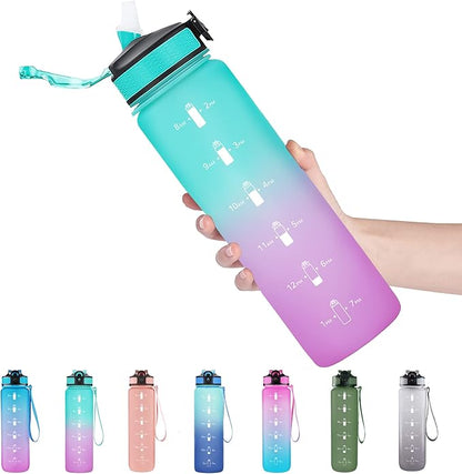 EYQ 32 oz Water Bottle with Time Marker, Carry Strap, Leak-Proof Tritan BPA-Free, Ensure You Drink Enough Water for Fitness, Gym, Camping, Outdoor Sports