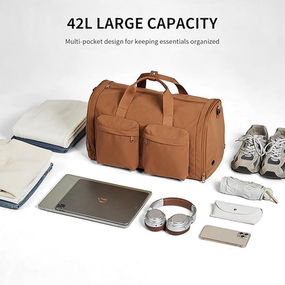 Aji Foldable Travel Duffel Bag for Women with Shoes Compartment, 3 in 1 Carry on Gym Bag with Removable Dry Wet Bag, Lightweight&Water Resistant Duffel Bag for Travel,Sports&Workout, Warm Brown
