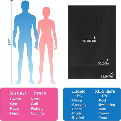 Camping Towel L Size Microfiber Quick Dry Lightweight Travel Body Swimming Pool Beach Hot Yoga Mat Towels (Black, 1 Pack L)