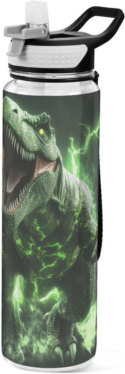 Fustylead 3d Angry Green Dinosaur 32oz Water Bottle with Straw, Leakproof Clear Sport Water Bottles for Gym Camping Hiking Travel
