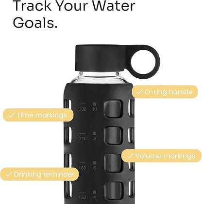 purifyou 40oz / 32oz / 22oz / 12oz Borosilicate Glass Water Bottle with Time & Volume Markers, Silicone Sleeve, Stainless Steel Lid | Reusable Glass Bottle for Water & Juice (12oz Jet Black)