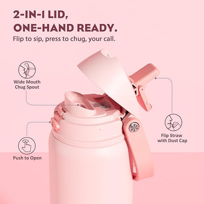 POWCAN 32 oz Insulated Water Bottle for Travel: 2-in-1 Lid with Push-Button Spout & Quick-Flip Straw, Leakproof, Keep Cold 24Hrs, Vacuum Stainless Steel for Travel, Trip, Hiking, Sport (Cotton Candy)