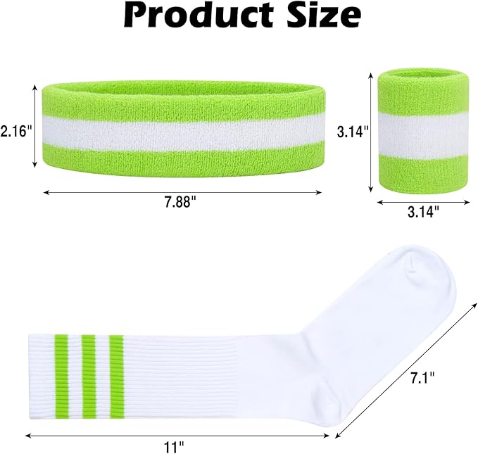 ONUPGO 5 Pieces Sweatbands Striped Socks Set Sports Headband Wristbands High Tube Socks 80s Accessories Costumes