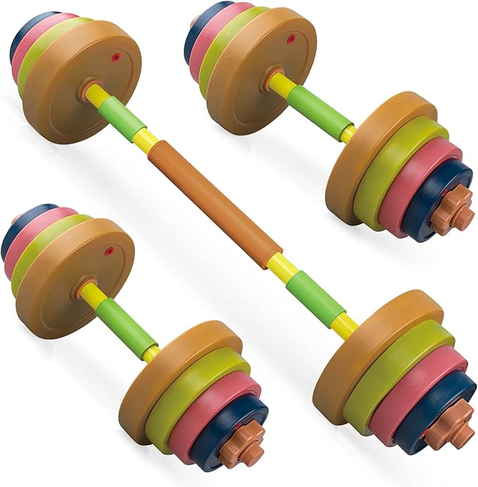 Kids Exercise Weight Set, Barbell and Dumbbell Workout Equipment, Toddler Beginner Gym Toy for Pretend Play Lifting Exercise & Fitness, Adjustable Fill with Sand or Water