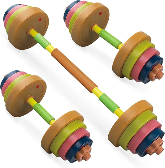 Kids Exercise Weight Set, Barbell and Dumbbell Workout Equipment, Toddler Beginner Gym Toy for Pretend Play Lifting Exercise & Fitness, Adjustable Fill with Sand or Water
