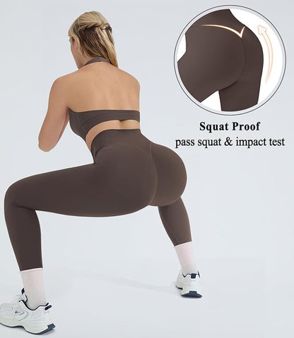 OMKAGI 2 Piece Workout Sets for Women Halter Sports Bras Gym Sets Booty Leggings Outfits